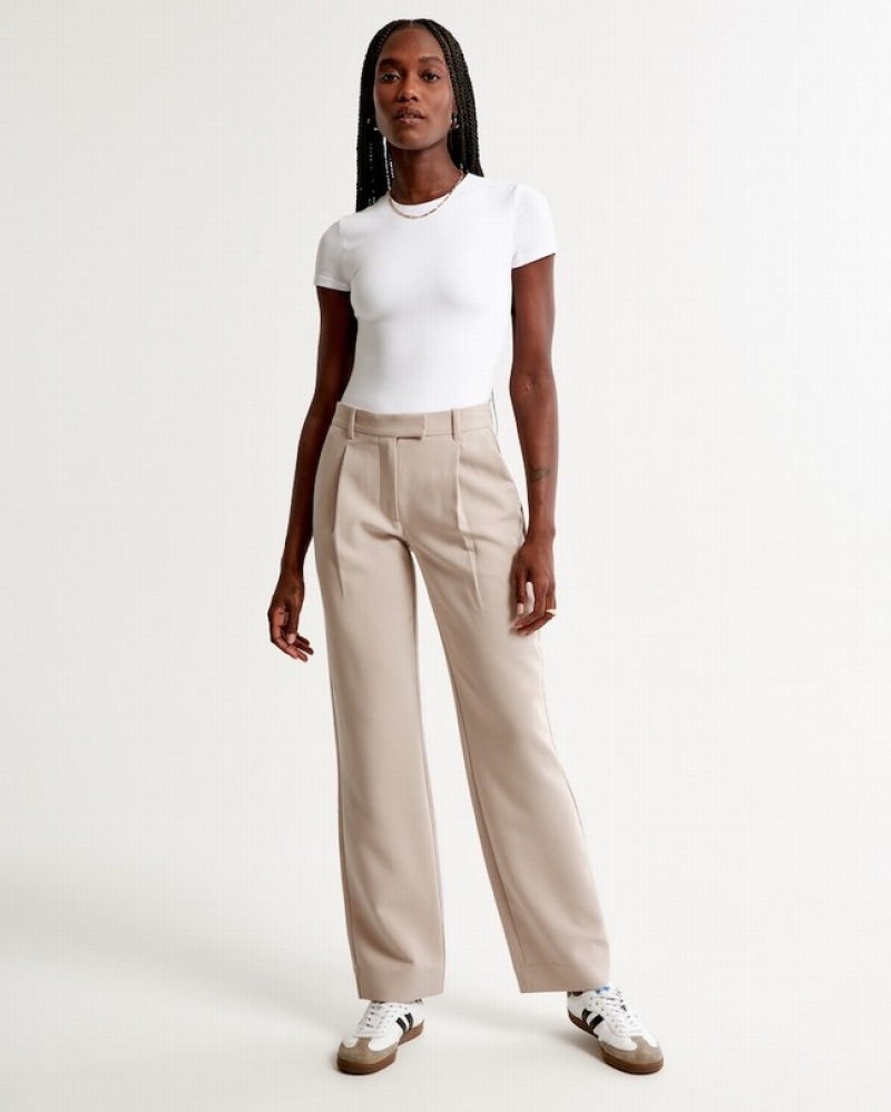 Light Brown Abercrombie And Fitch Mid Rise Tailored Relaxed Straight Women Pants | 57OSKAZBQ