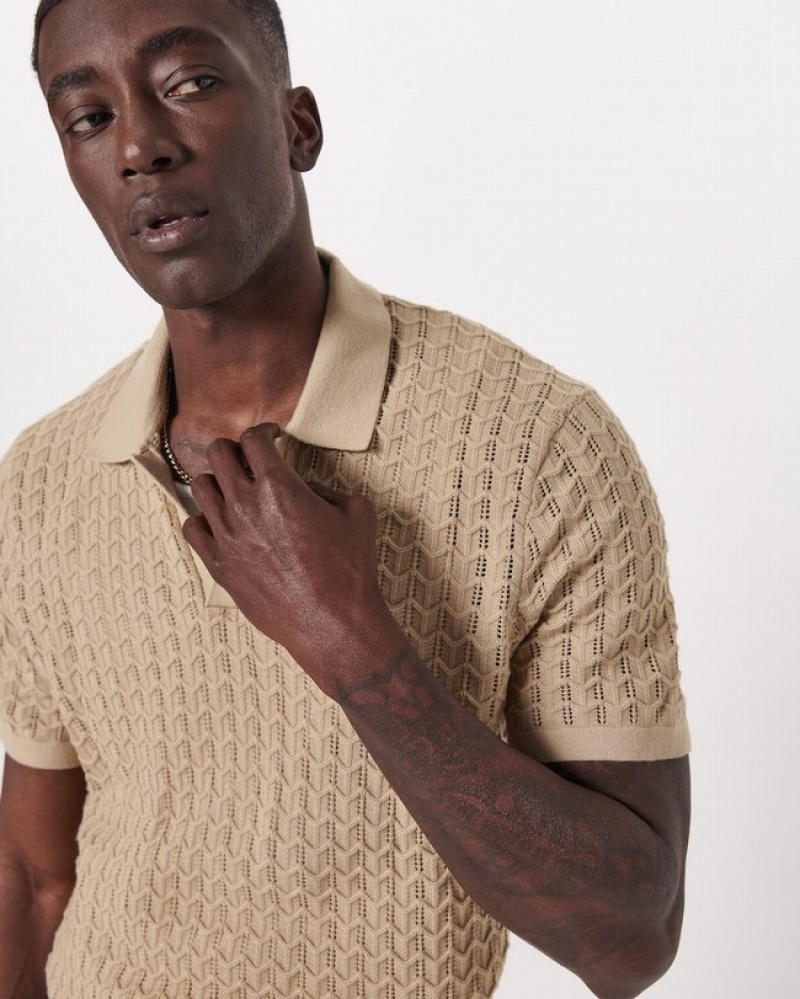 Light Brown Abercrombie And Fitch Textured Johnny Collar Men Polo Shirts | 98KGQDRXT