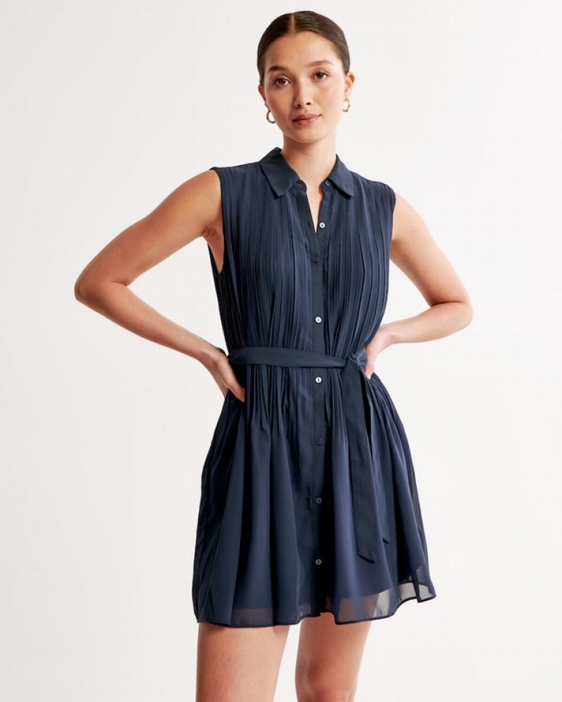 Navy Abercrombie And Fitch Pleated Mini Women Dresses | 91WANEDLS