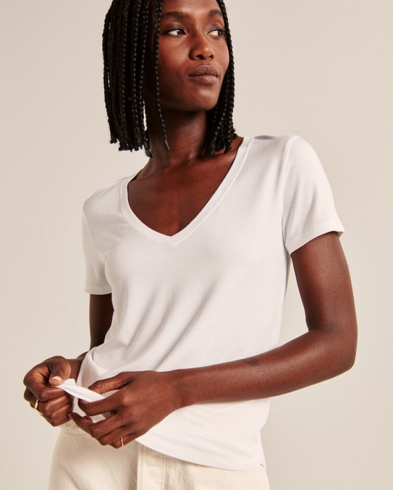 White Abercrombie And Fitch Drapey V-neck Women T-shirts | 91VIYGDFK