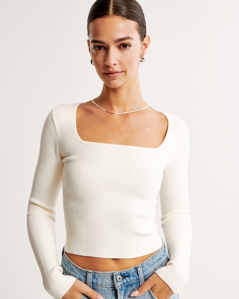 White Abercrombie And Fitch Long-sleeve Ottoman Squareneck Women T-shirts | 20BWVIDHU