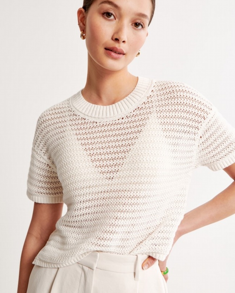 White Abercrombie And Fitch Short-sleeve Crochet Women T-shirts | 20CQHBMNE