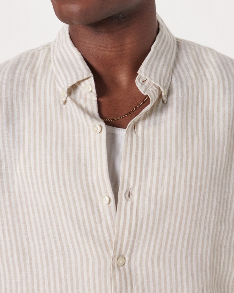 White / Stripes Abercrombie And Fitch Linen Button-up Men Shirts | 54AMVFKTQ