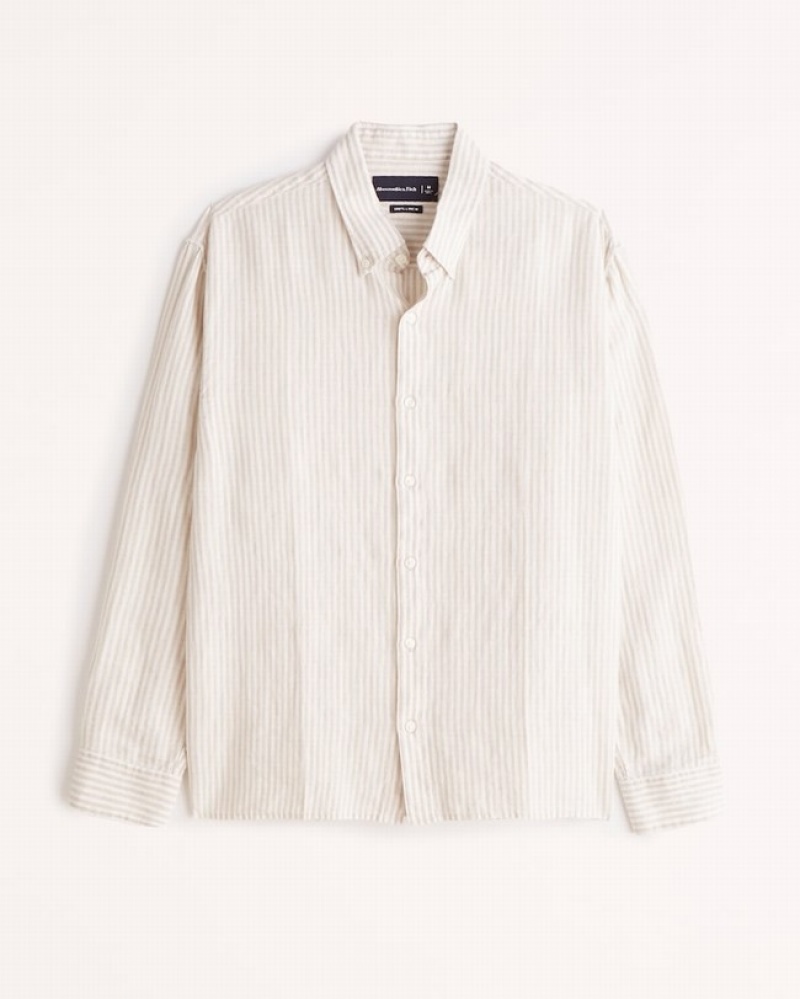 White / Stripes Abercrombie And Fitch Linen Button-up Men Shirts | 54AMVFKTQ
