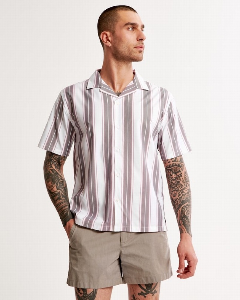 White / Stripes Abercrombie And Fitch Performance Camp Collar Button-up Men Shirts | 70APTGKVX
